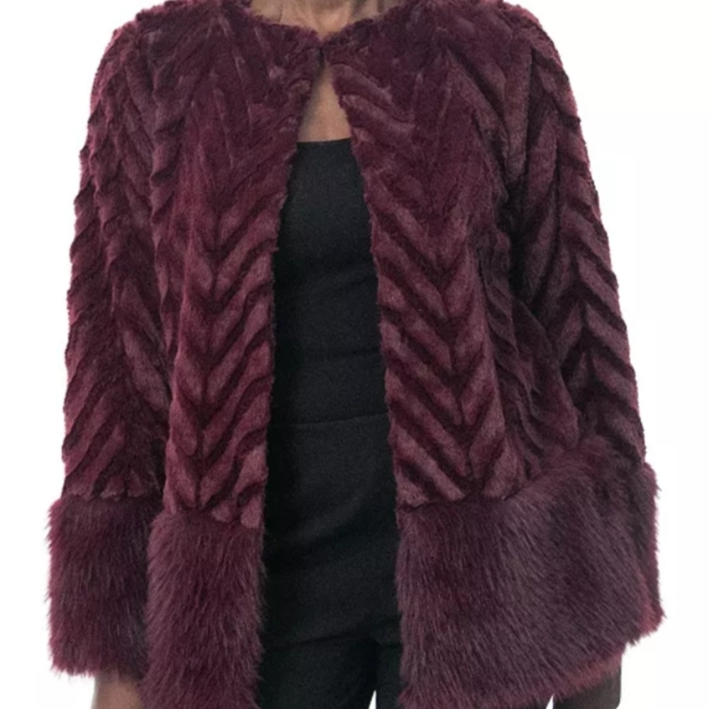 Nina Leonard Burgundy Faux Fur Braided Jacket